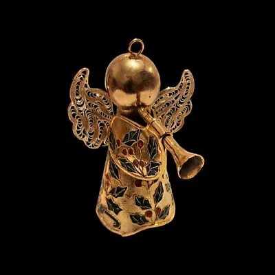 Vintage Holly Berry Angel Horn Bell Gold Cloisonné Enamel Christmas Ornament 4  • $11