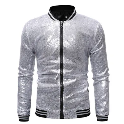 Unisex Sequin Tops Bomber Jacket Glitter Coat Zipper Sparkling Dance Party Suit • £22.74