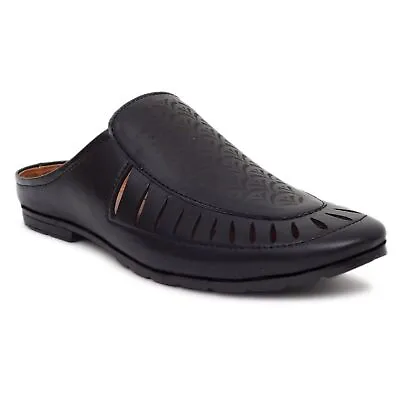 New Men's Black Mojari Fully Nagra Faux Jutti Leather Ethnic Style Lofer Shoes • £18.89