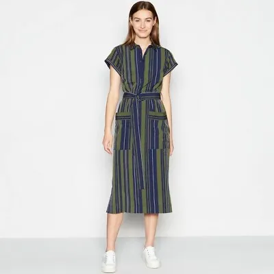 J By Jasper Conran Woman’s Ladies Green Striped Midi Shirt Dress Size 14 Party • £39.99