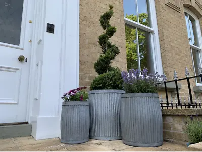 Set Of 3 Galvanised Tub Planters Large Metal Round Ribbed Dolly Garden Drum Pots • £109.99