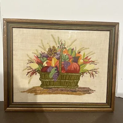 Vintage Crewel Large Garden Basket Fruit & Vegetables Wheat Flowers Colorful • $88.88