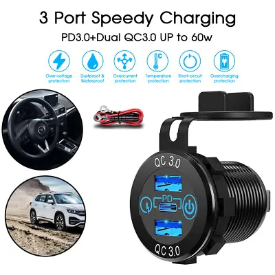 $17.99 • Buy PD Type C Dual USB Car Charger And QC 3.0 Charger Power Outlet Socket 12V 24V