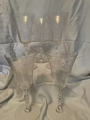 Set Of 5 Vintage Etched Or Engraved Crystal Wine Glasses Wheat & Leaves 1940’s • $50