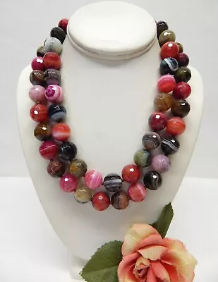 MULTI STRAND 925 STERLING SILVER & 16mm MULTICOLOR AGATE GEMSTONE BEAD NECKLACE • $12