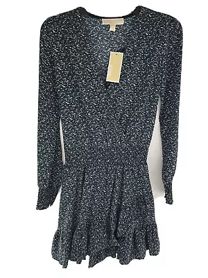 MICHAEL Michael Kors Faux-Wrap Dress Black/LuxTeal Size XS Polyester Crepe NEW-o • $100