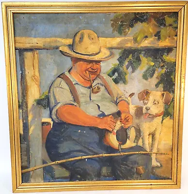 Antique Southern Folk Art Oil Painting Fishing Man & Funny Cute Dog Turn Century • $280