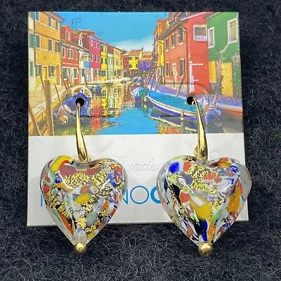 NEW Millefiori Dyadema Murano Glass Heart Earrings Gold Foil Bronze Italy • $60
