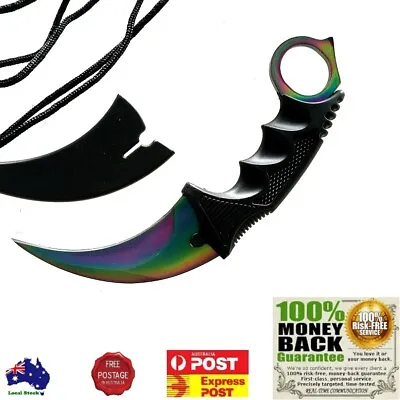Outdoor KARAMBIT NECK KNIFE Survival Hunting Fixed Fade Colourful Blade + Sheath • $29.99