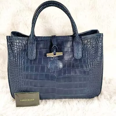 LONGCHAMP Roseau Blue Leather Women’s Tote Bag Hand Bag Croco Auth • $136.80