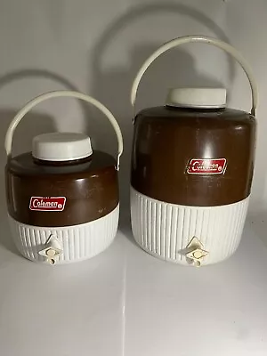 2 Vintage Coleman Tan Brown 1&2 Gallon Drink Jug Cooler Water Dispenser 1980/81 • $45.50