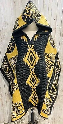 Mexican PONCHO Calendario Azteca With Hoodie SIZE FITS All Sarape Double Sided • $65