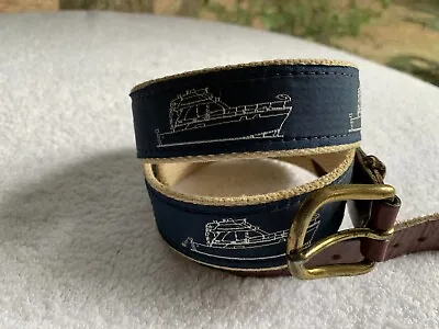 VTG Belt Mens 36 Brown Leather Canvas Boats Yachts Solid Brass Navy Blue Ribbon • $22.46
