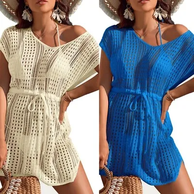 Womens Short Sleeve Lacing Up Bikinis Cover-ups Pullover V-neck Swimsuit Dresses • $28.36