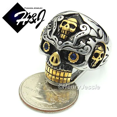 BIKER MEN Stainless Steel  Black/Silver/Gold Plated Skull Face Ring Size 8-13*77 • $15.99