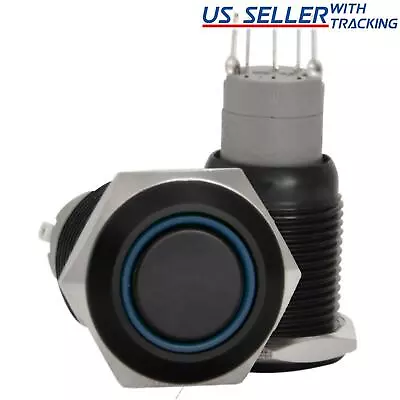 2X 16mm 12V LED Momentary Push Button Black Metal Power Switch Blue • $11.79