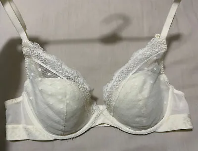 M&S MESH & LACE Underwired Padded HIGH APEX PLUNGE Bra In CREAM Size 34C • £9.99
