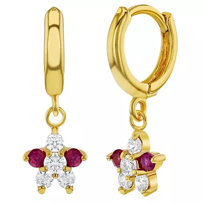 18k Gold Plated Pink Clear Cubic Zirconia Hoop Dangle Flower Girls Earrings • £10.49