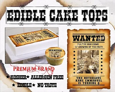 Wanted Sign Birthday Cake Topper Edible Paper Sugar Sheet Cowboys Poster Party • $10