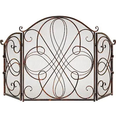 $100.90 • Buy Copper Finish Fireplace Screen 3 Panel Mesh Folding Wrought Iron Arch Scrollwork