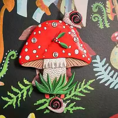 ✿ New ALLEN DESIGNS Wall Clock RED MUSHROOM SNAIL Garden Spot Swing Pendulum • $74