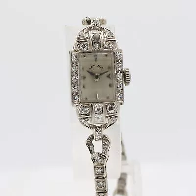 Vintage Hamilton Ladies Mechanical Wristwatch 14k White Gold 1 Carat Diamonds • $900