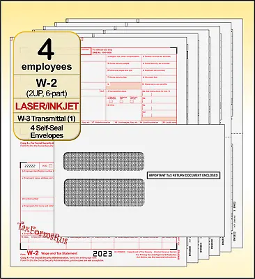 2023 IRS TAX FORMS KIT:: W-2 Wage Stmts 6-pt LASER 4 Employees+Envelopes+(1) W-3 • $12.90