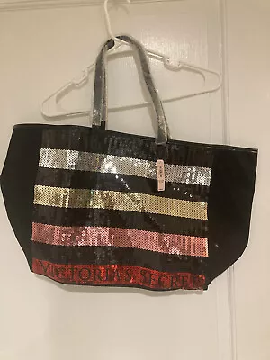 NEW Victoria’s Secret Tote Bag Large Travel Canvas Sequin Stripe Black Purse • $5