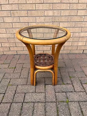 Vintage Retro Tiki Style Bamboo Cane Rattan Glass Top Rounded Round Side Table • £45