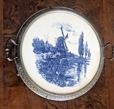 Antique Wachtersbach Plate Ceramic Blue Dutch Holland Windmill In Metal Tray • $74.99