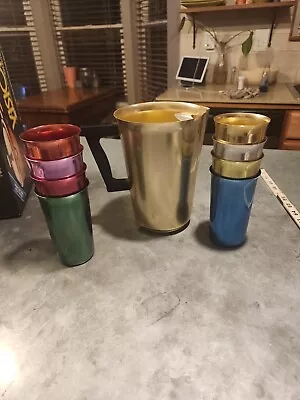 Vintage Colored SUNBURST Aluminum 8 Tumblers Cups & Pitcher Set  MCM  • $60