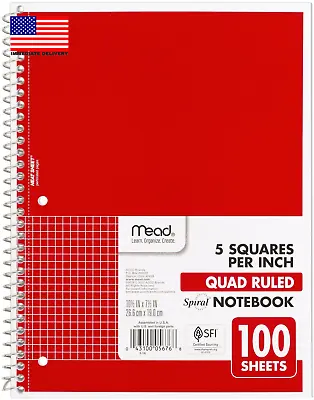 Spiral Notebook 1-Subject Graph Ruled Paper 7-1/2  X 10-1/2  100 Sheets Red • $8.60