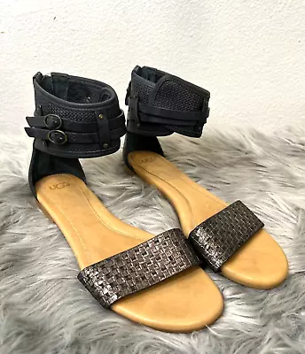 UGG Australia Ankle Wrap Gladiator Open Toe Flat Sandals Black Metallic Size 8.5 • $47.19