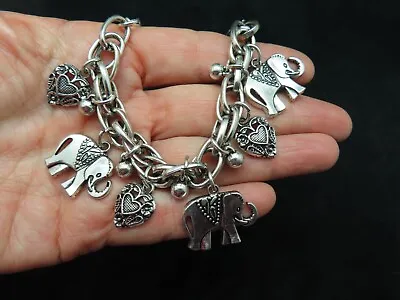 Vintage Silver Tone Elephant & Heart Charm Bracelet • $13.49