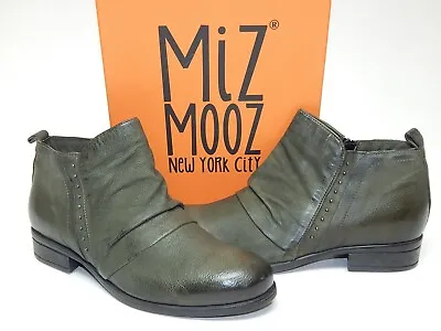 Miz Mooz Snap Sz EU 41 W (US 9.5-10 W WIDE) Womens Leather Studded Booties Olive • $97.99