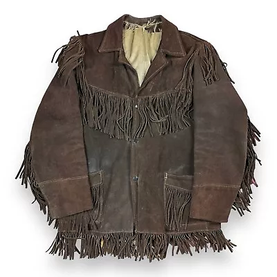 Vintage Suede Leather Fringe Western Hippy Native American Snap Jacket Sz 40 • $99.99