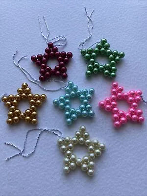 6 X Handmade Christmas Faux Pearl Hanging Stars Tree Decorations • £7.50