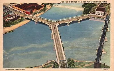 Postcard OH Zanesville Y Bridge Aerial View Posted 1954 Linen Vintage PC J6176 • $3