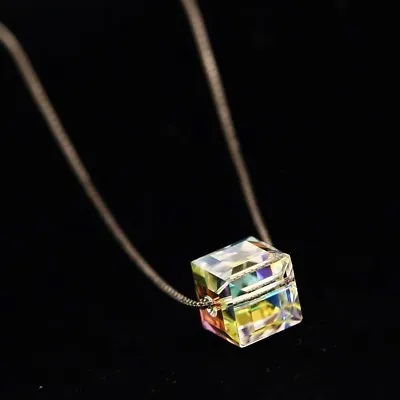 925 Sterling Silver Genuine Swarovski Element Crystal Cube Drop Pendant Necklace • $24.95