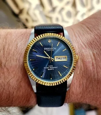 Swanson Analog Men's Watch Blue Gold Silver Day/Date Blue Leather Band • $55