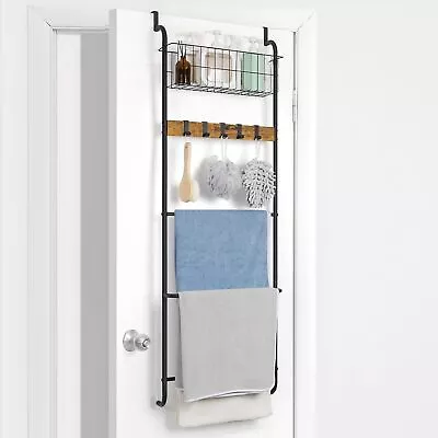 5 Tier Over The Door Towel Bar With Basket Hooks For Bathroom Towel Holder Rack • $21.99