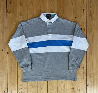 £30 • Buy Vintage GANT Rugger Rugby Shirt Long Sleeve Polo Top Grey Striped Large 90s
