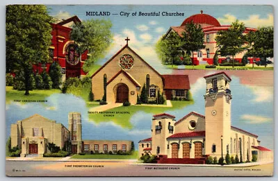 Postcard Linen Midland City Of Beautiful Churches Baptist Church Midland TX B7 • $4.50