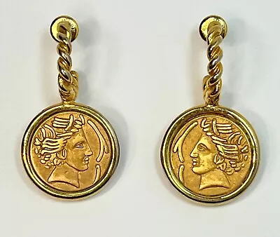 Vintage Monet Gold Tone Greek Coin Huggie Post Earrings • $10