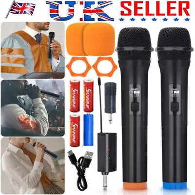2x Wireless Microphone Handheld Cordless UHF Dynamic Mic System Karaoke Receiver • £15.99
