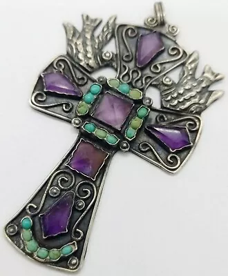 Malt-matilde Poulat Style/silver/encrusted Natural Stones/doves/cross Pendant • $299