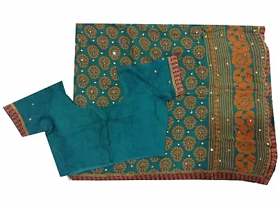  Om Vintage Sari Art Silk Hand Beaded Mirror Work Green SareeBlouse Y11246  • $39.09