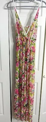 Sz Medium Large Pink Floral Nude Sheer Mesh Maxi Dress Coverup Thigh High Slit • $35