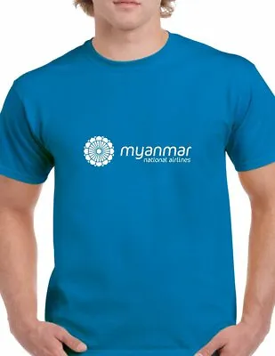 Myanmar National Airlines Travel Asia Tee White Royal Blue Cotton T-shirt • $18.99