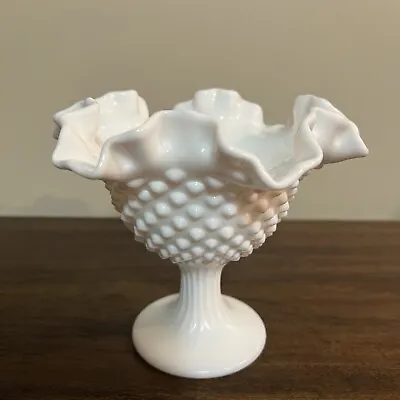 Vtg Hobnail White Milk Glass Ruffled Pedestal Bowl Candy Dish 5.5” X 6” • $10